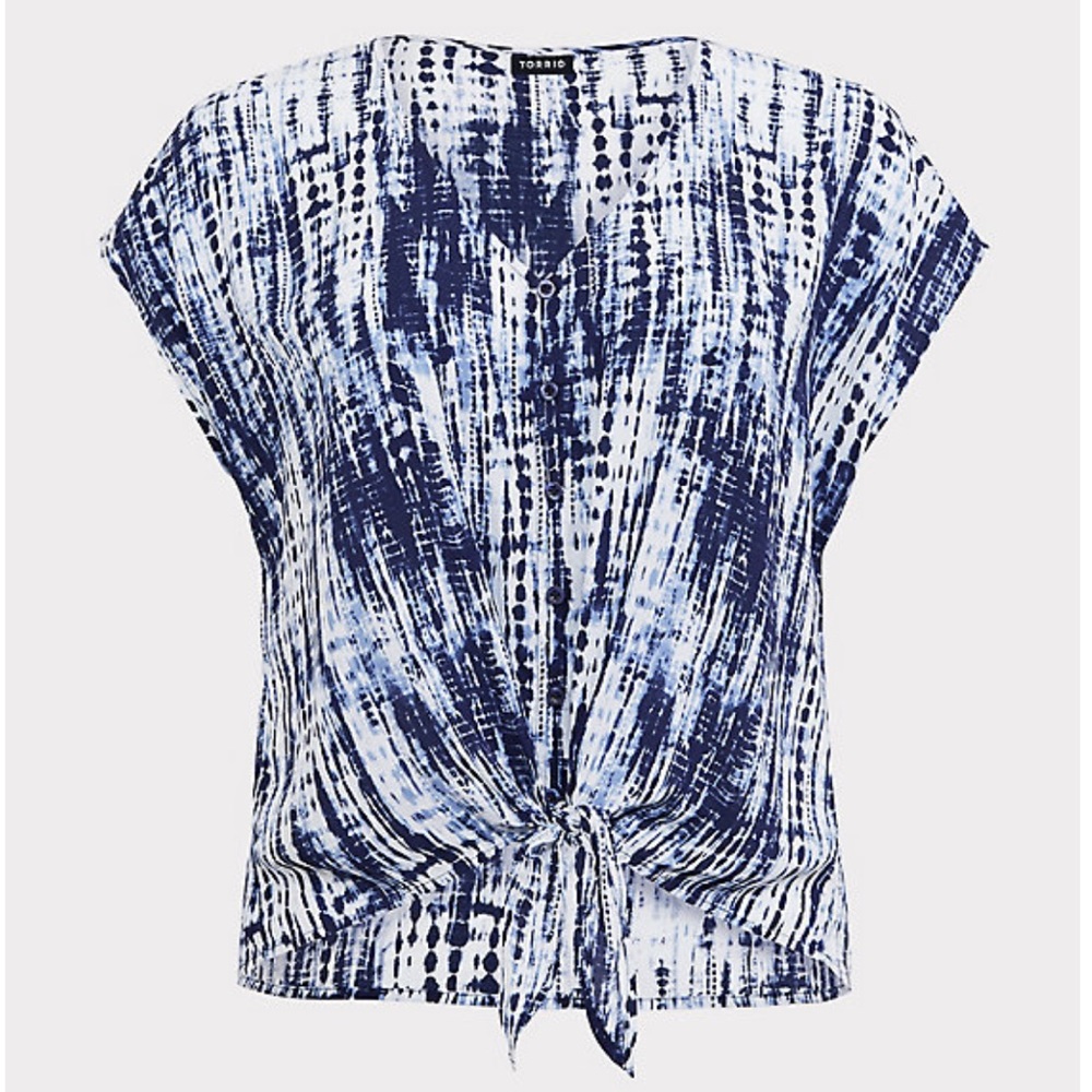 BLUE TIE-DYE CHALLIS TIE FRONT MIDI DOLMAN TOP